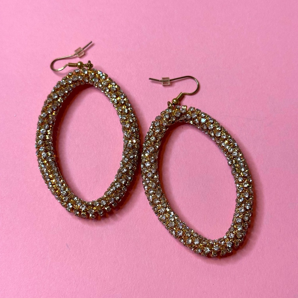 Gold‎ Rhinestone Oval Earrings